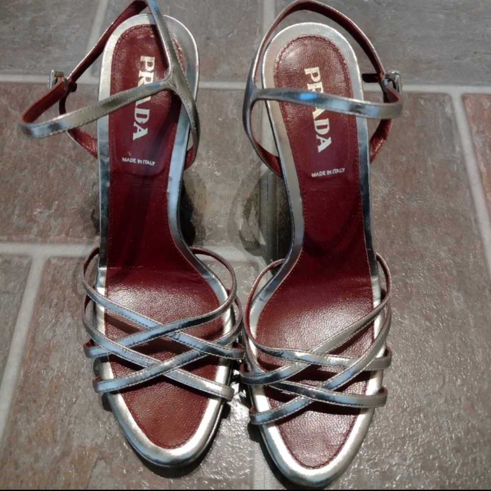 Prada two tone platform strappy block heel sandal 38